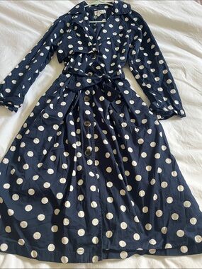 Porridge Naomie polka dot trench coat navy blue white nautical Anthropologie